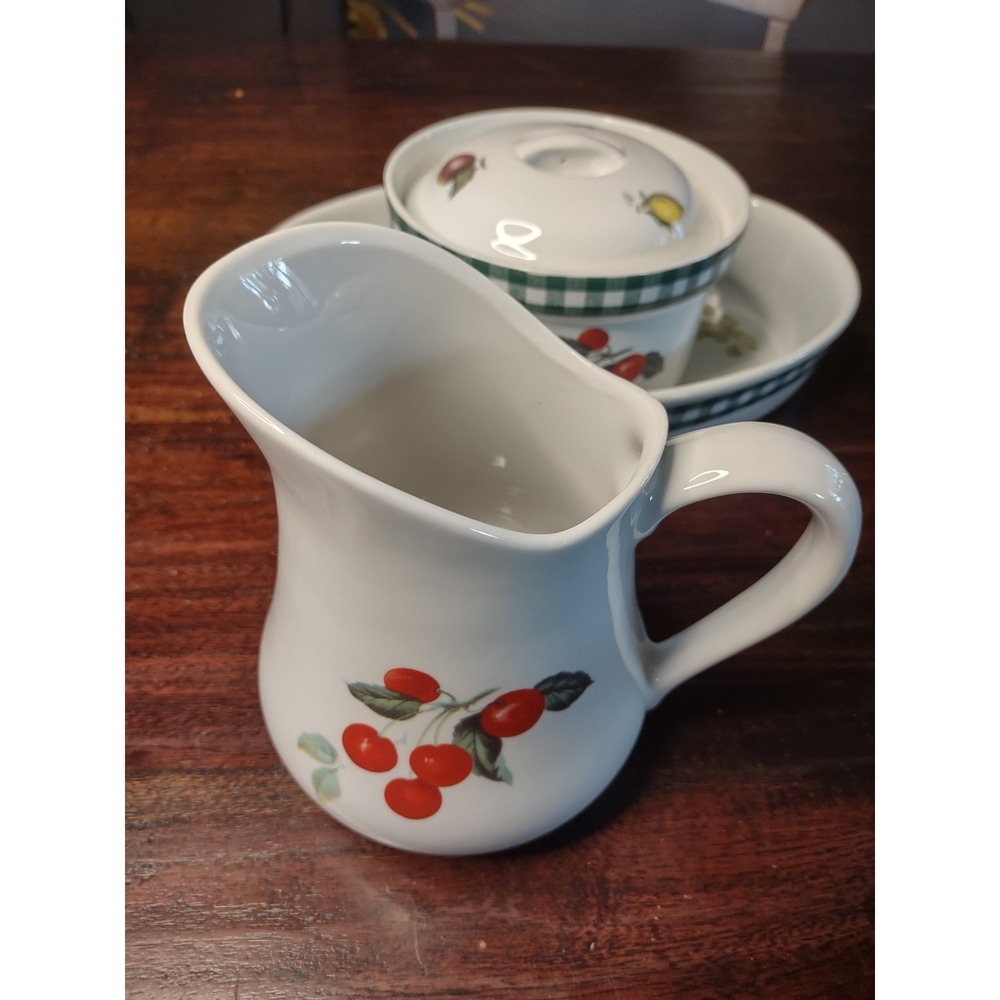 Vintage Cordon Bleu Cherry Fruit Pitcher & Bowl Set Green Gingham Border